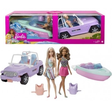 BARBIE ZESTAW SAMOCHÓD + ŁÓDŹ + 2x LALKA /1
